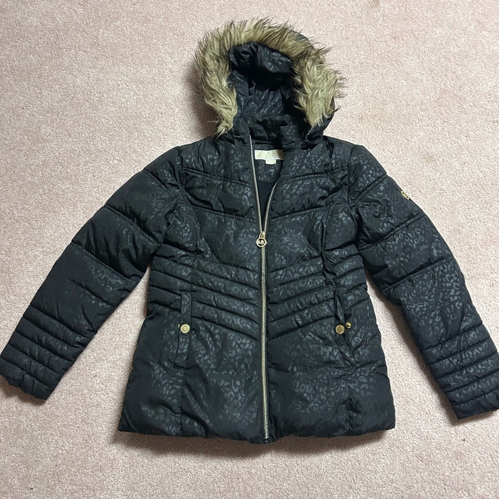 Michael Kors Kids Black Quilted Puffer Coat with Faux Fur Hood 14